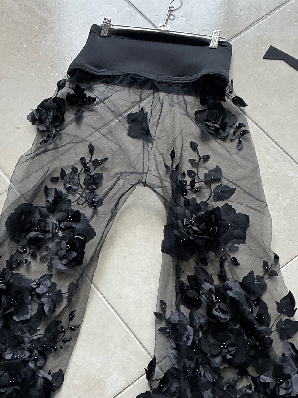 Current/Elliott Black Sheer Wide-Leg Floral Appliqué Jumpsuit Pants